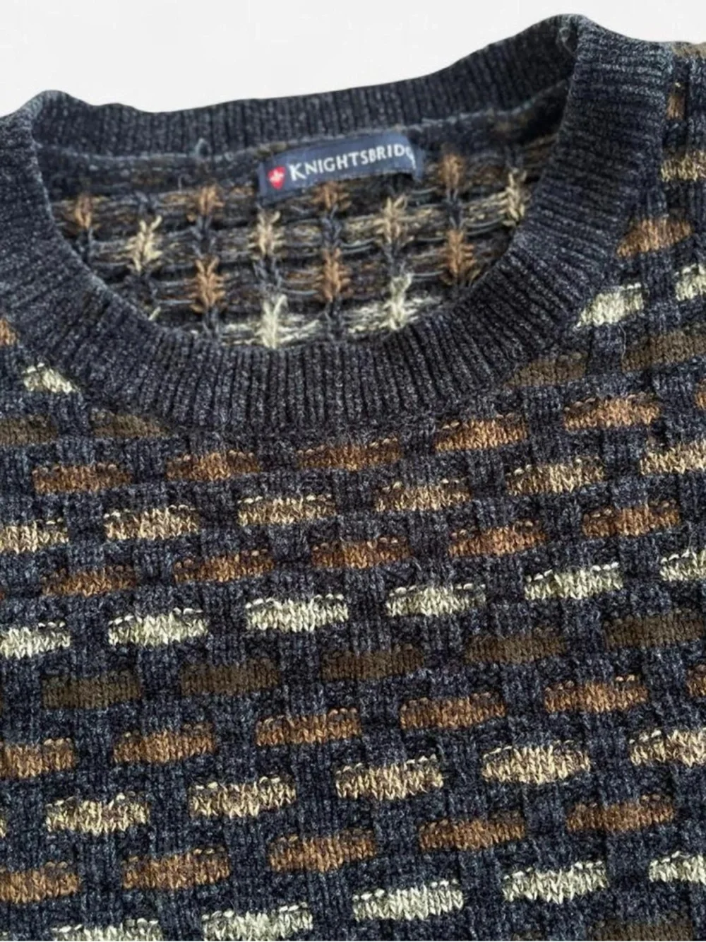 Knightsbridge 90s Soft Chenille Knit Black Grey Brown Checked Patterned Sweater